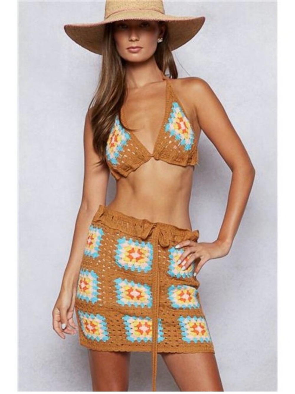 POL Crochet Bikini Top & Skirt Set - Brown with Blue, Yellow, Pink Accents